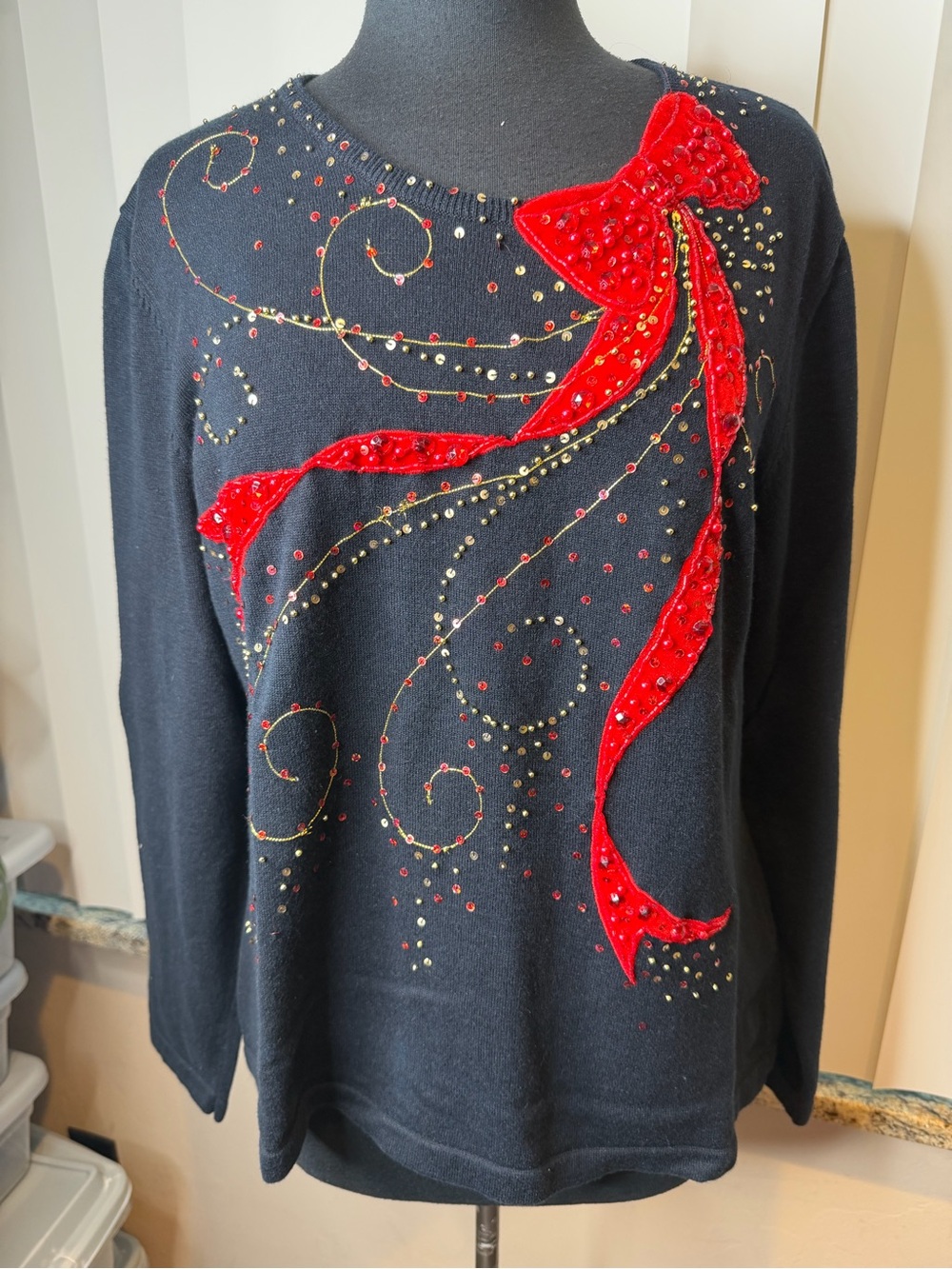 Vintage Jack B. Quick black holiday sweater prominent red fabric bow Size XL